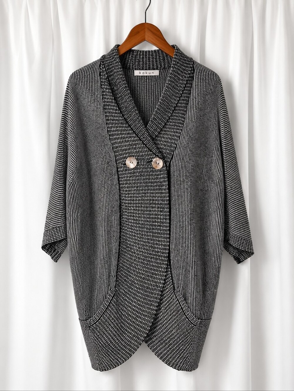 Kokun Cashmere Black White Stripe Oversized Cocoon Cardigan Two Button Sweater